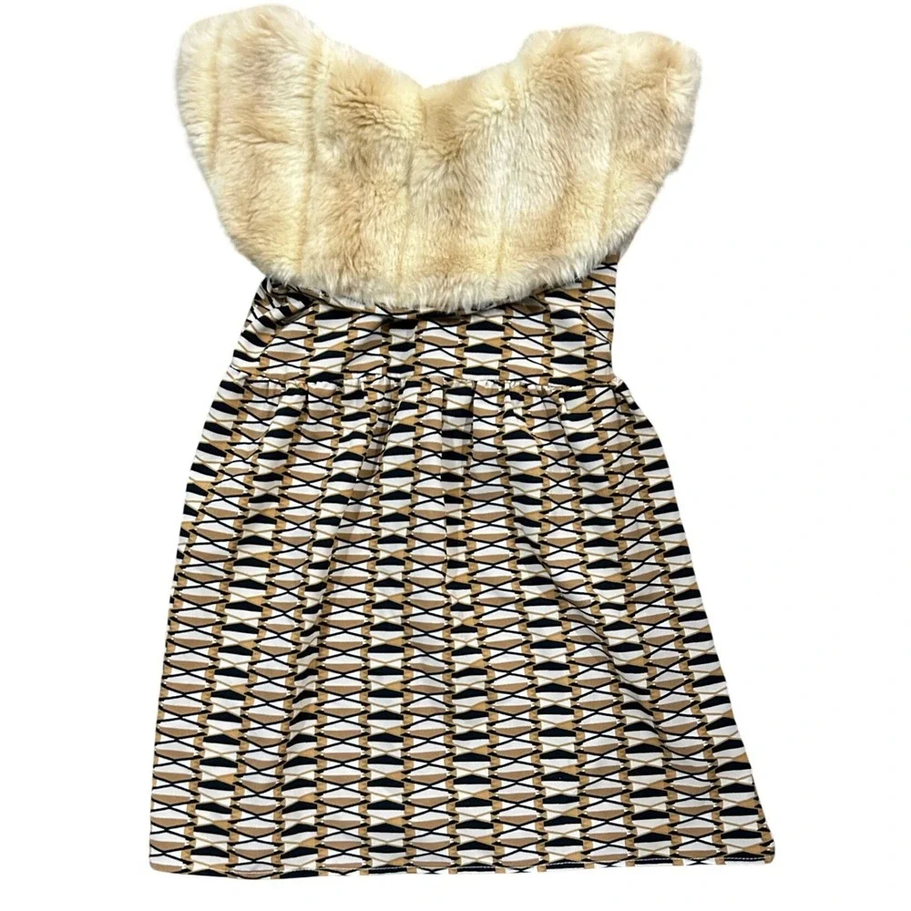 Kensington Lane Kids Geometric Faux Fur Collar Dress Tan Black White Handmade